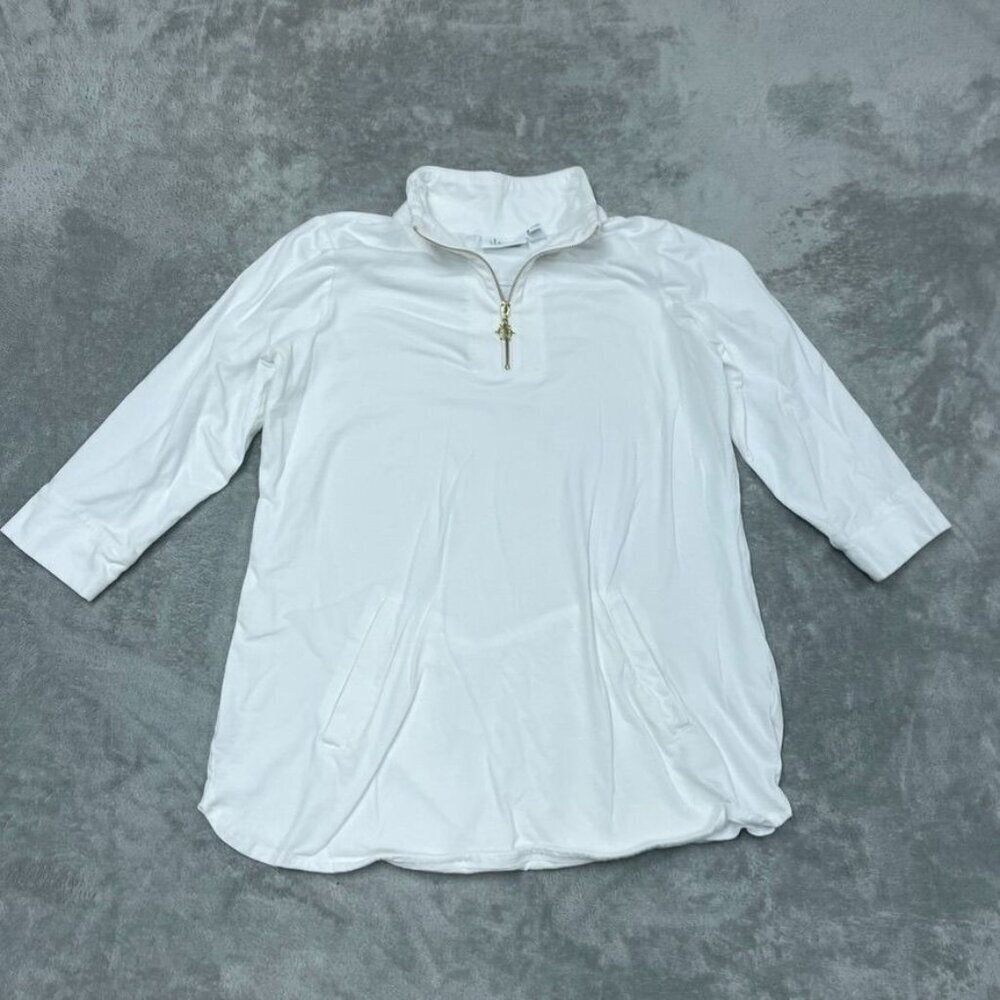D&Co Active Womens White 3/4 Sleeve Zip Pullover Top M a0846